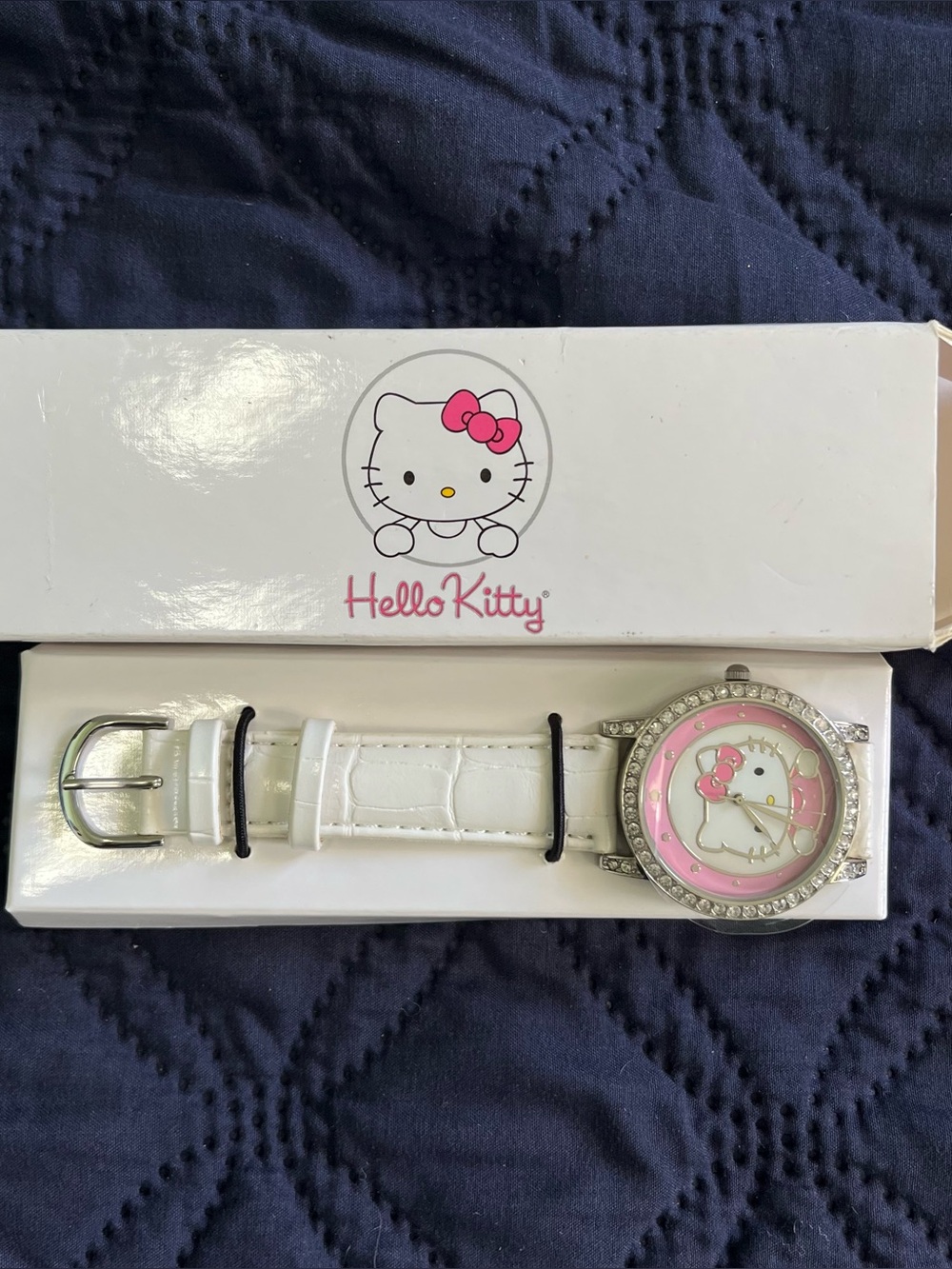 2006 Hello Kitty Avon Sanrio Watch- White Band -Pink Background -Crystal Accents